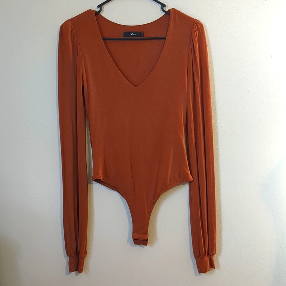 Lulu's Low Cut Plunging VNeck Long Sleeve Bodysuit Brown